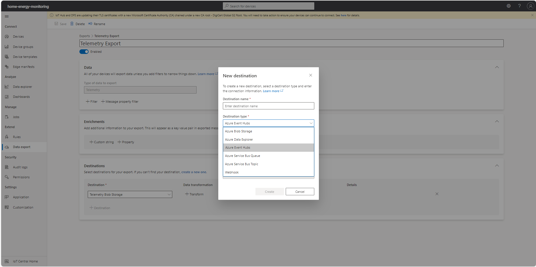 Figure 5) Screenshot of the export options available for Azure IoT Central.