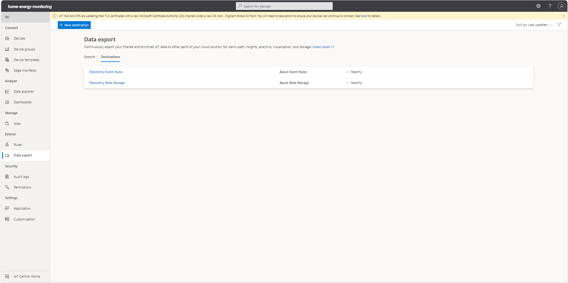 Figure 7) Screenshot of the page where to manage Data Export destinations.