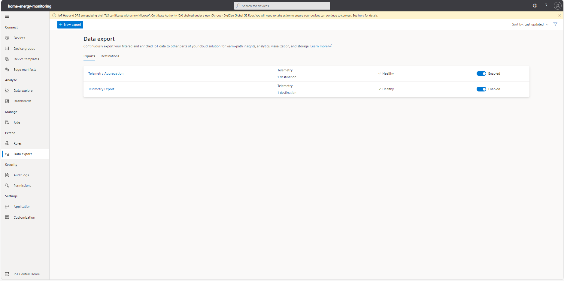 Figure 8) Screenshot of the page where to manage Data Exports.