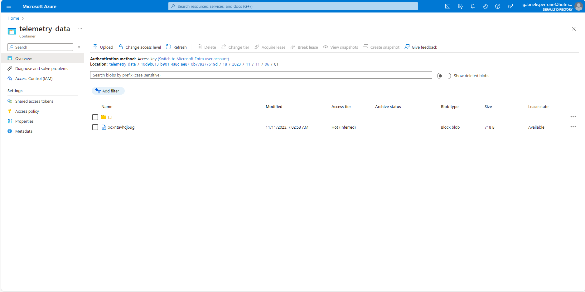 Figure 9) Screenshot of the Azure Data Lake Storage v2 that shows how data is exported.