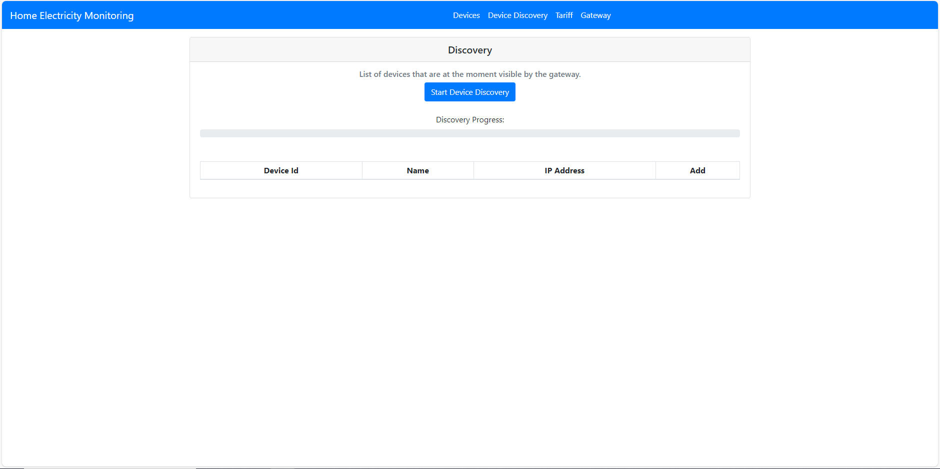 Figure 7) Screenshot of the Device Discovery page when no discovery is running.
