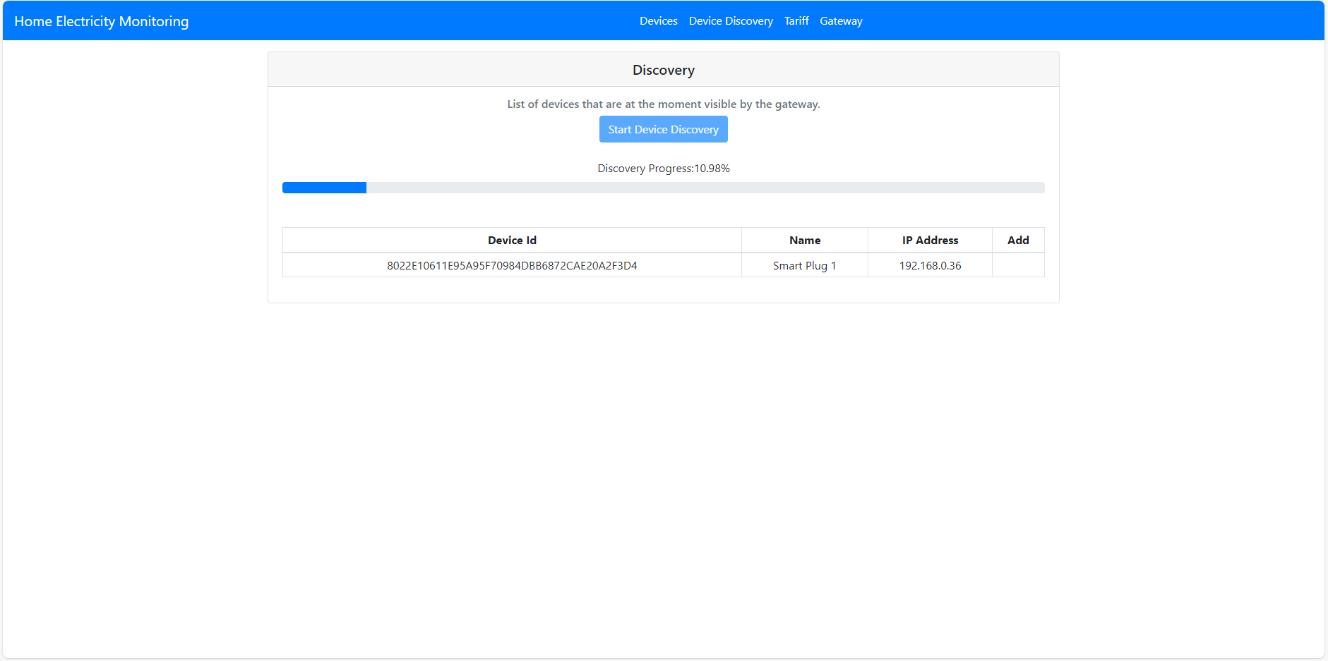 Figure 9) Screenshot of the Device Discovery page when device discovery is running and a device that is already registered was discovered.