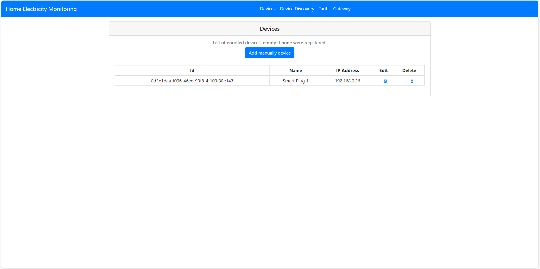 Figure 10) Screenshot of the Devices page of the Web App with one registered device.