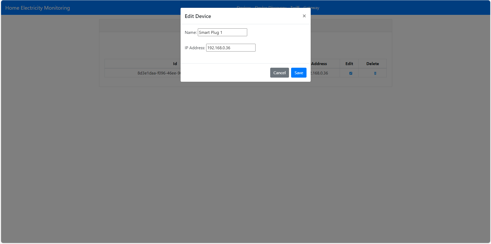 Figure 11) Screenshot of the Devices page of the Web App with the “Edit” modal window for a selected device.