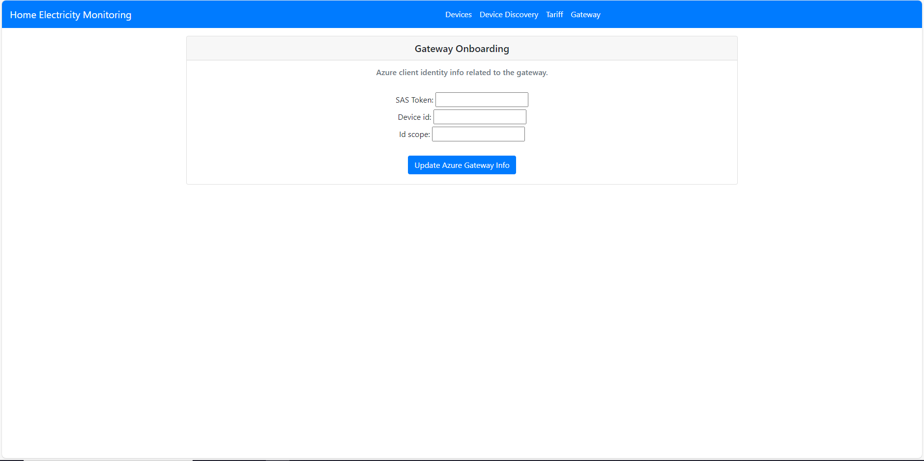 Figure 13) Screenshot of the Gateway page where it’s possible to configure the Azure credentials and context info.