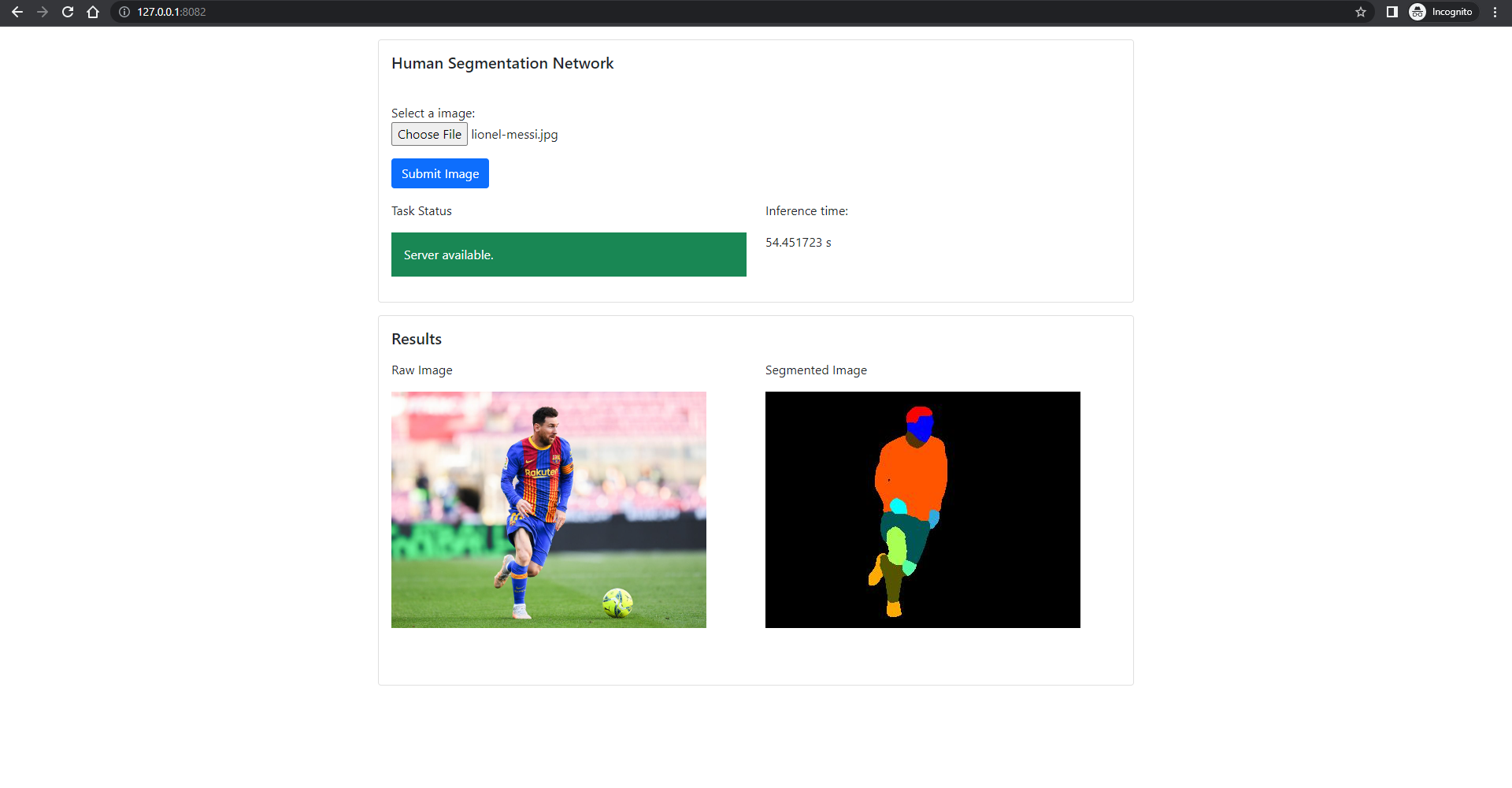 Figure 12) Screenshot of the web-app after running the inference on a Lionel Messi image.