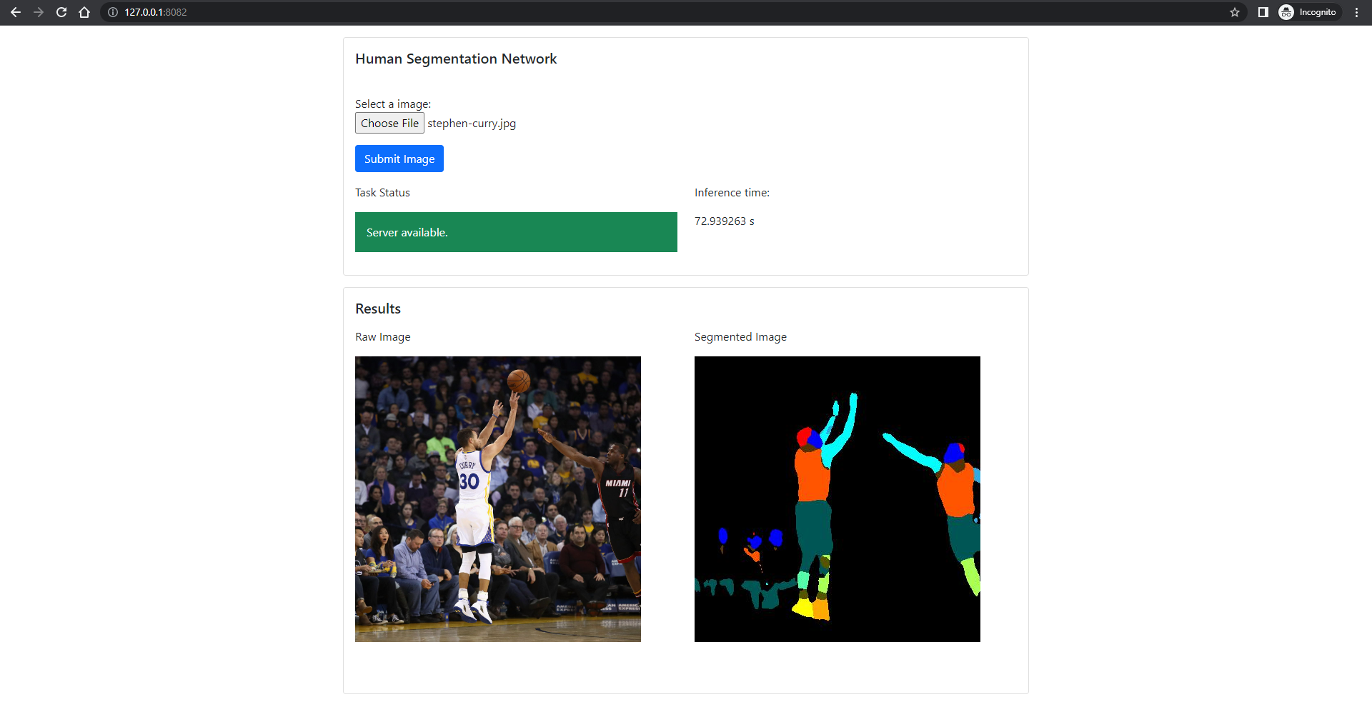 Figure 13) Screenshot of the web-app after running the inference on a Stephen Curry image.