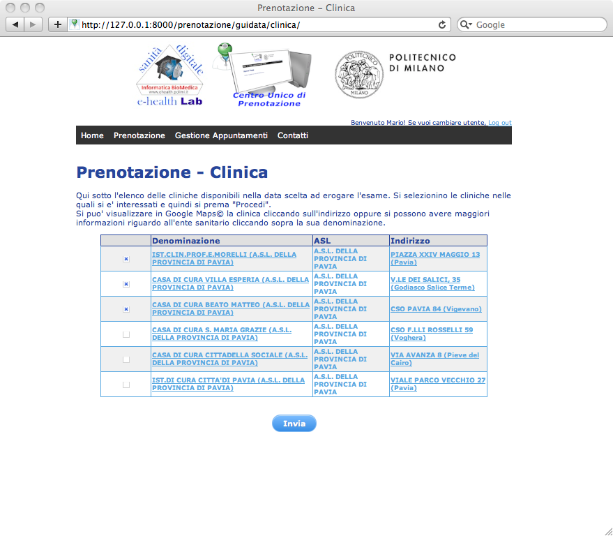 Figure 2) Page during the booking in which is possible to choose the hospital where is available the health service needed.
