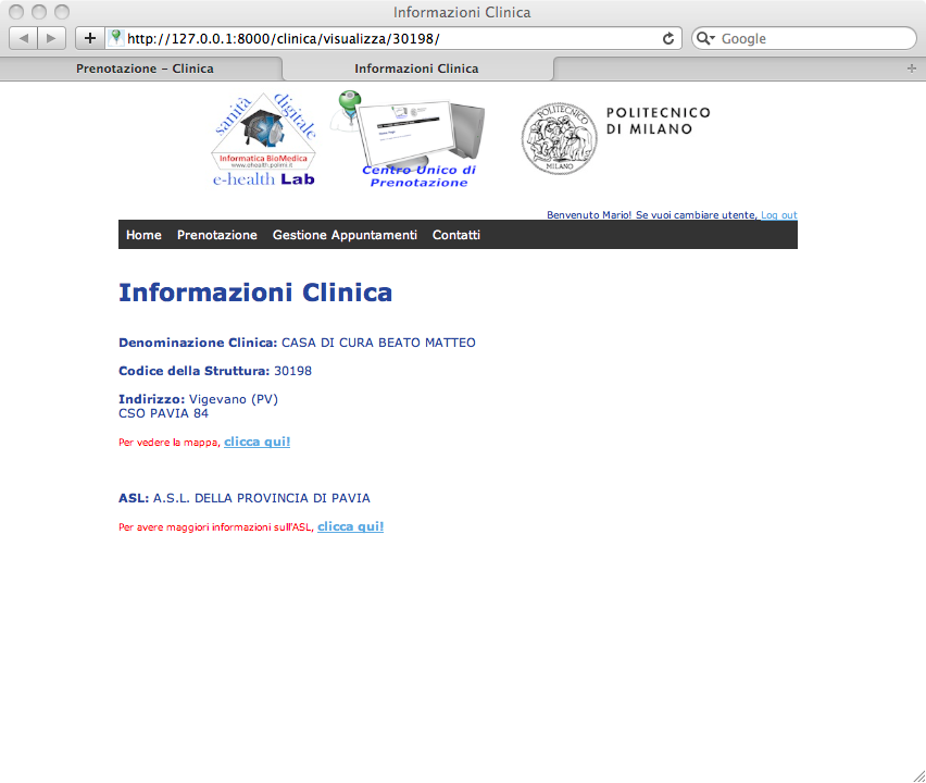 Figure 3) While choosing the hospital is possible to see information about, like the address, the organization (ASL) to which it refers and the map.