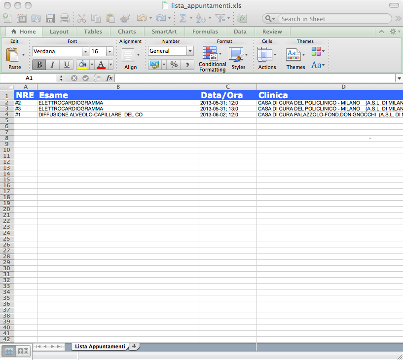 Figure 8) Excel file generated by the system that resumes the scheduled appointments of a patient.