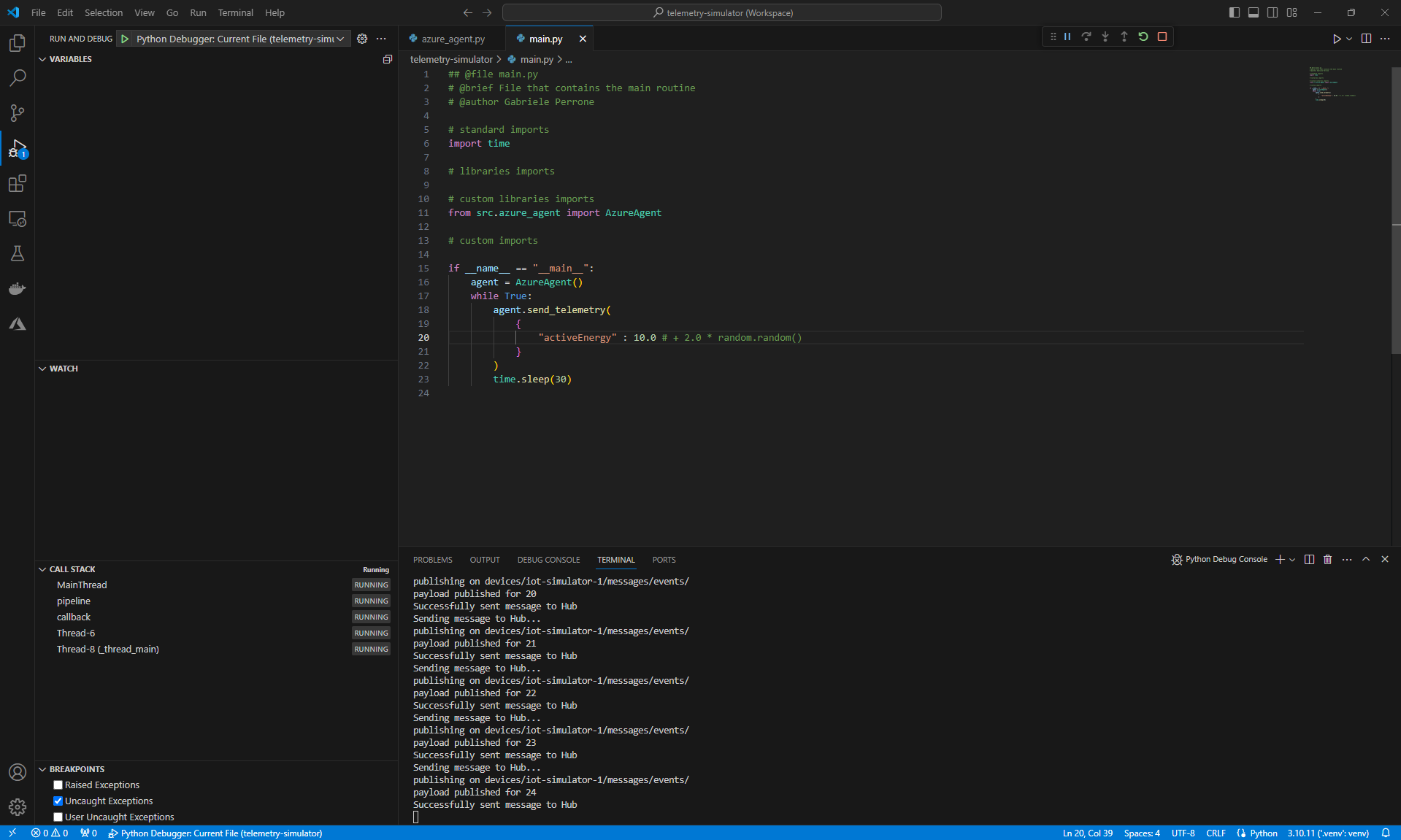Figure 2) Python software that publishes telemetry data to the Azure IoT Hub.