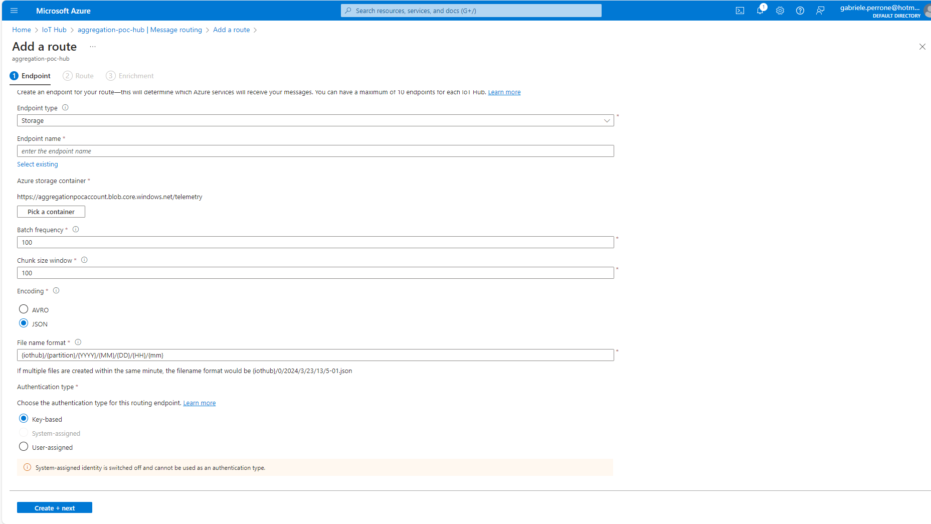 Figure 4) Configuration of the message routing that stores the Telemetry data to the Azure Data Lake Storage v2 container.
