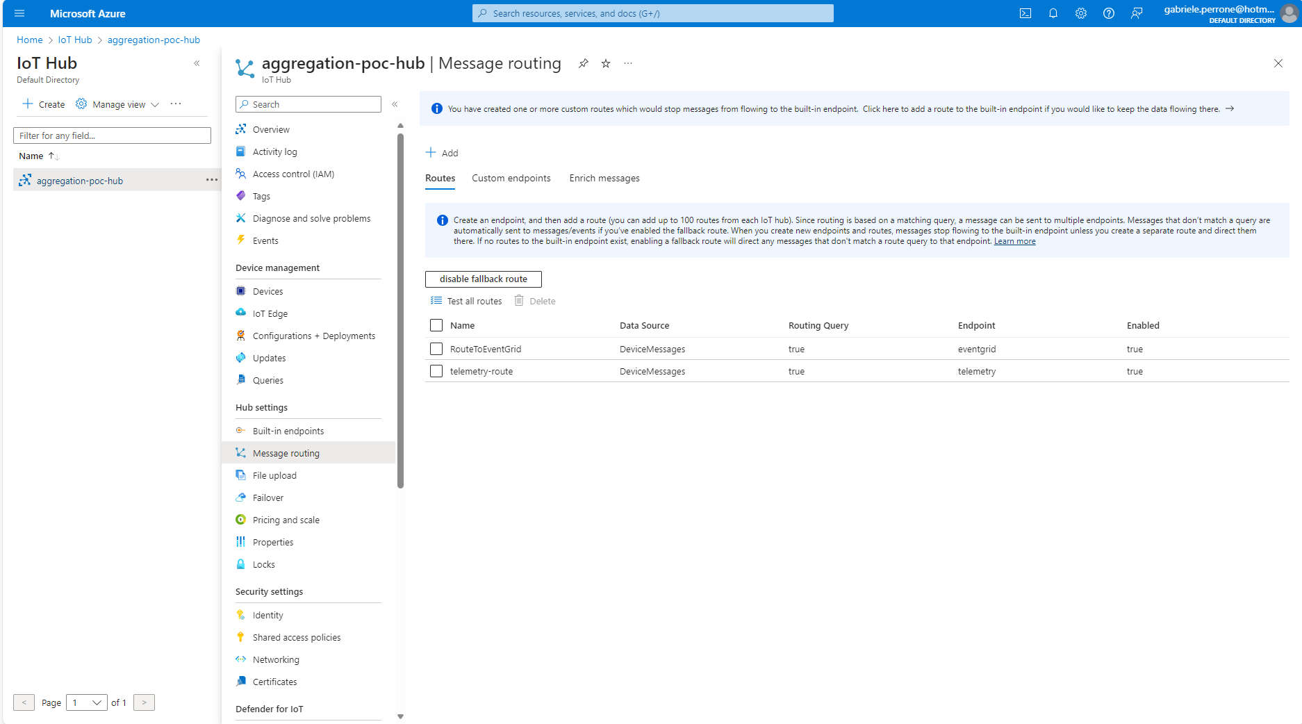 Figure 5) Message routes configured for the Azure IoT Hub.