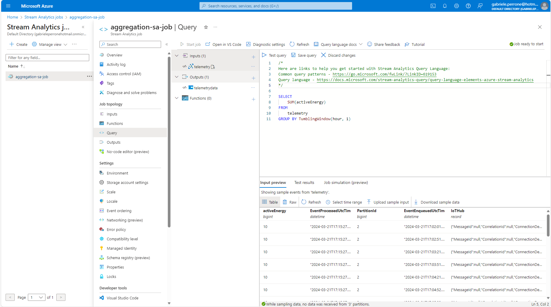 Figure 6) Simply Azure Stream Analytics query that aggregates telemetry data every 1 hour using a Tumbling Window.