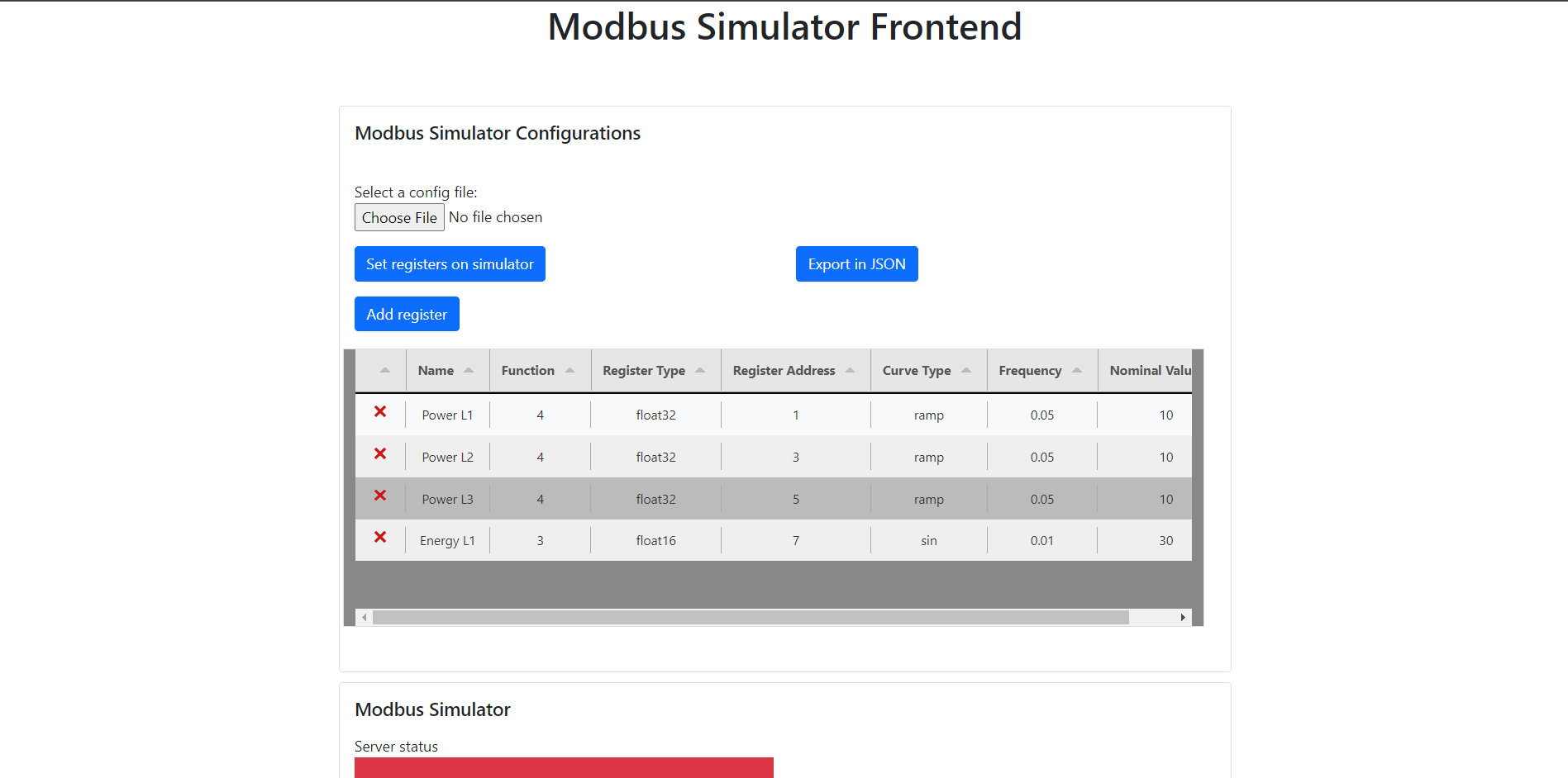 Figure 9) Screenshot of the main page after the addition of 4 Modbus Registers.