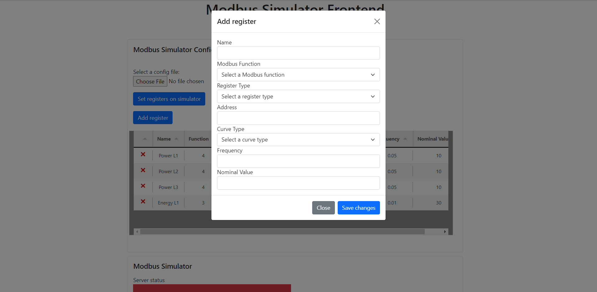 Figure 10) Screenshot of the modal window that appears when adding a new Register.