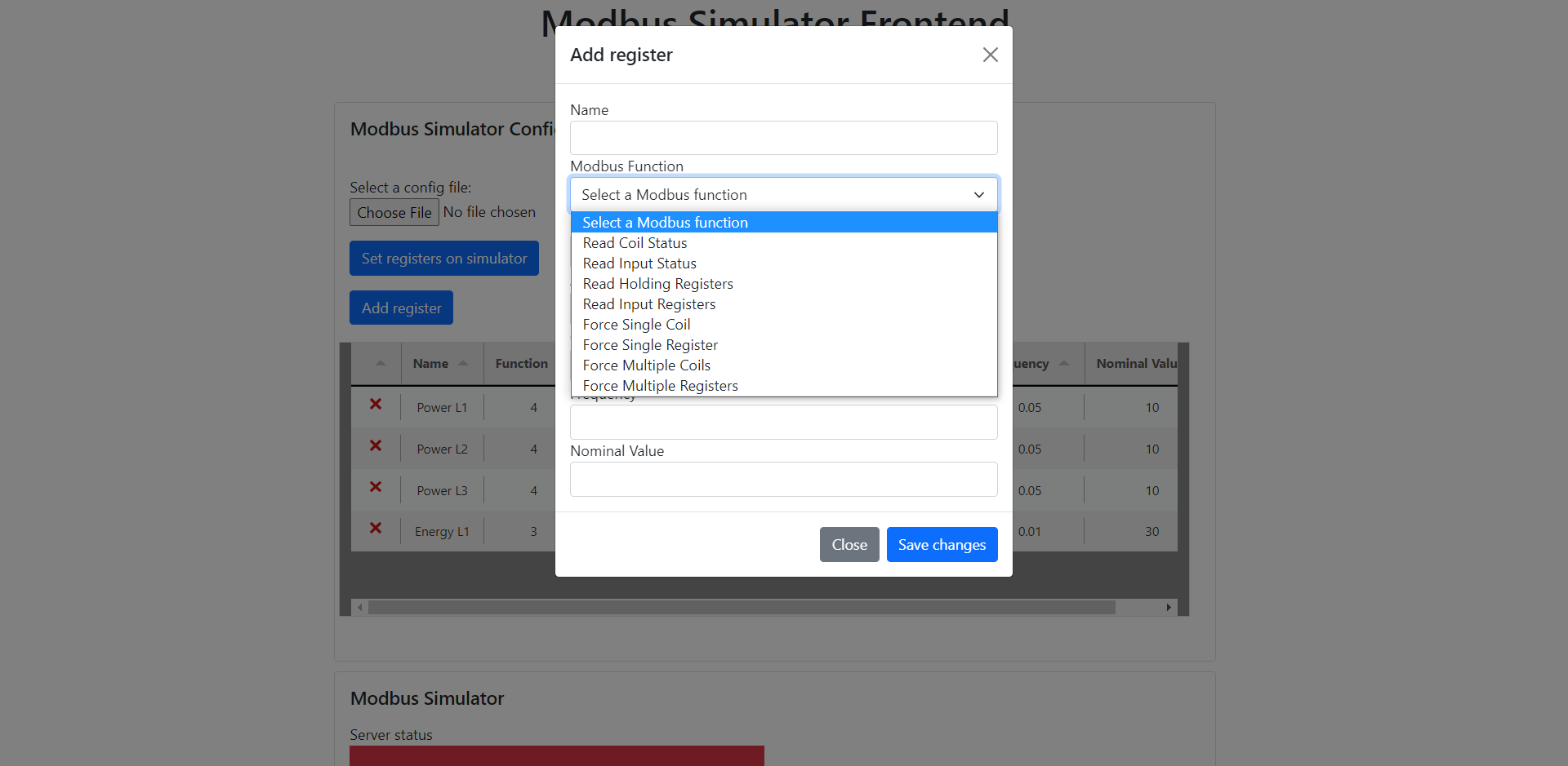 Figure 11) Screenshot of the modal window for adding a new Modbus Register, with particular focus on the Modbus Function options.