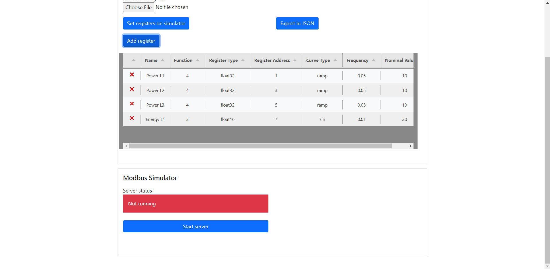 Figure 12) Screenshot of the main page with particular focus on the bottom part where the server status is visible (Not running).