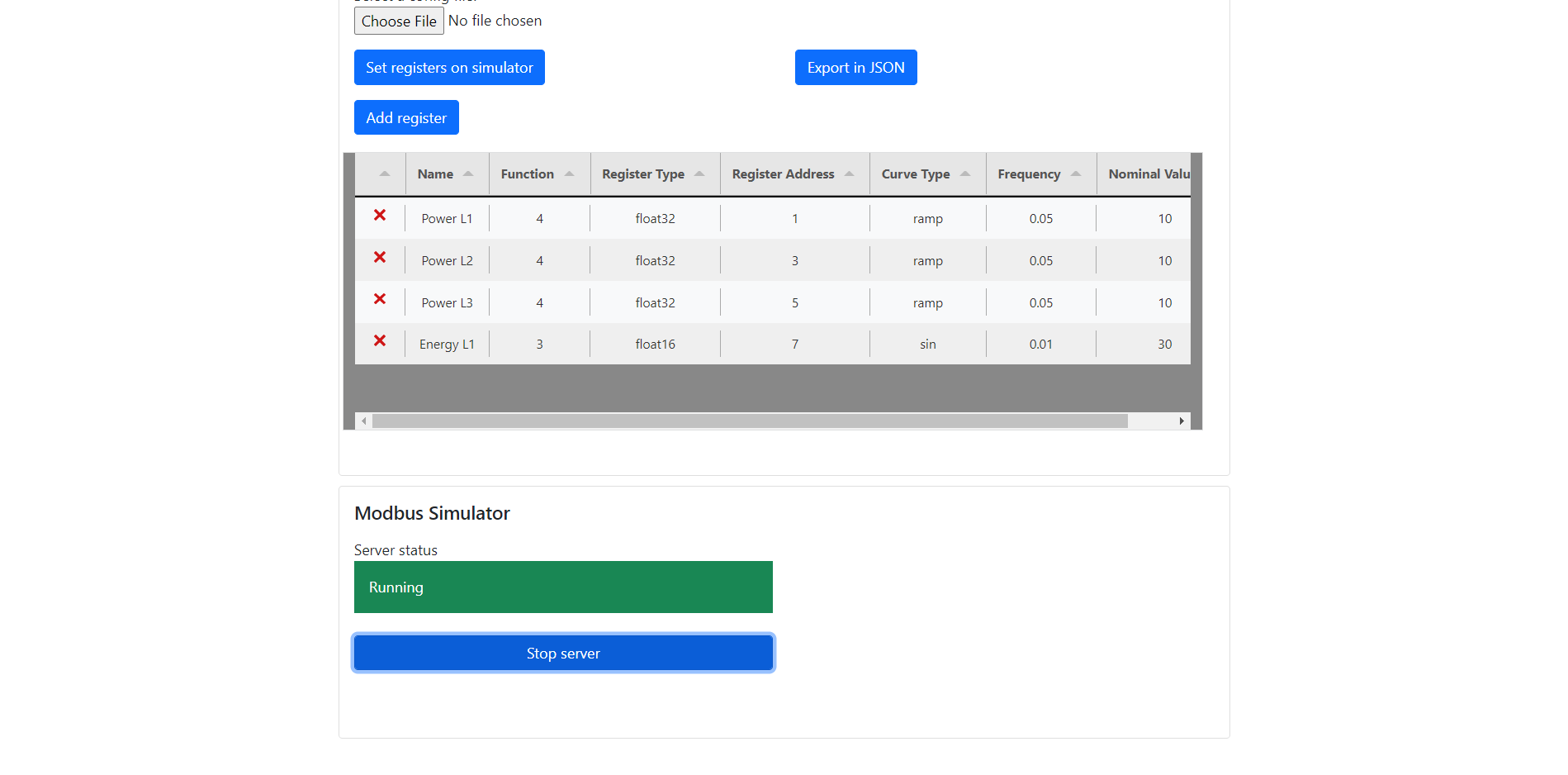 Figure 13) Screenshot of the main page with particular focus on the bottom part where the server status is visible (Running).