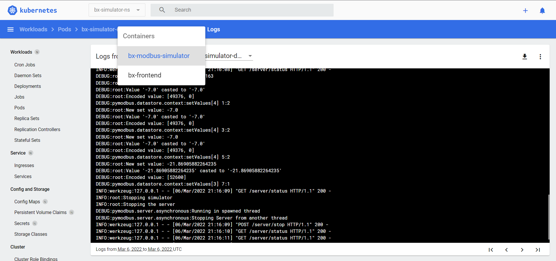 Figure 14) Screenshot of the Kubernetes dashboard where it’s possible to see the logs of the Modbus Simulator container. In particular, it’s possible to see the logs that show the changing Modbus values.