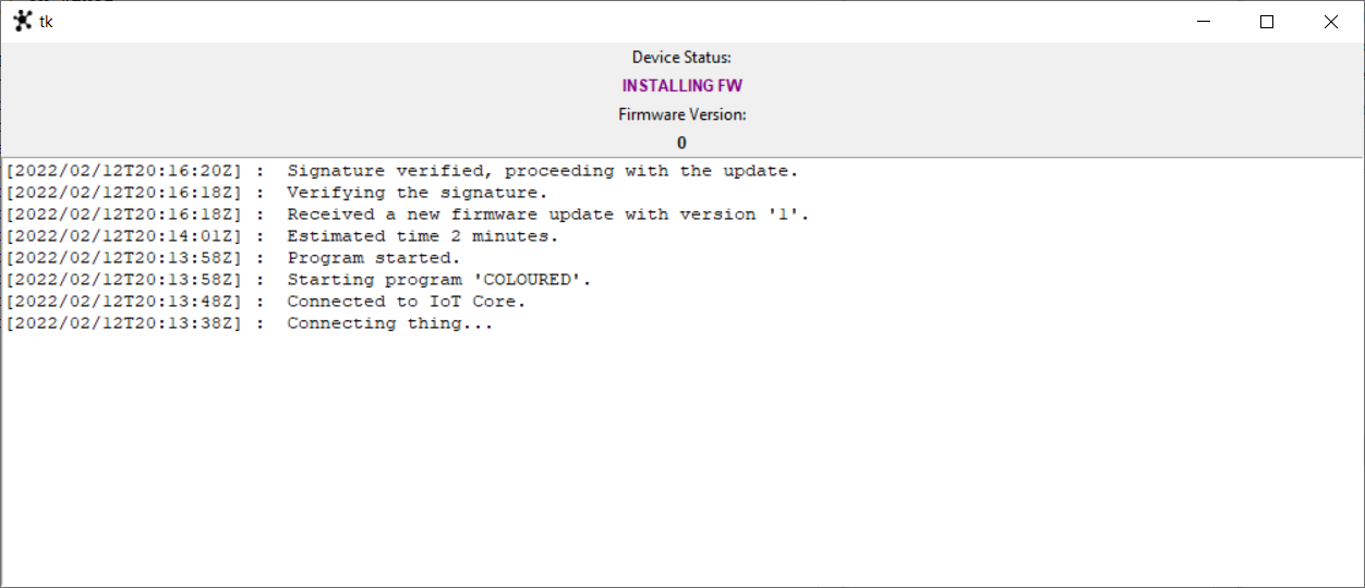 Figure 14) Emulator UI when installing firmware, after having checked that signature is authentic.